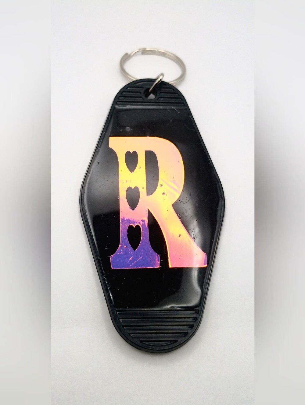 Black Iridescent Holographic Initial "R" Motel Key Tag Keychain